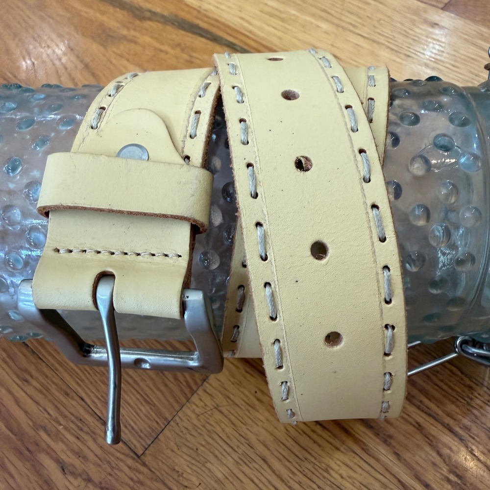 L&G Leather Belt 34 Cream Ivory Wide Whip Stitch Silver Buckle Vintage Y2K
